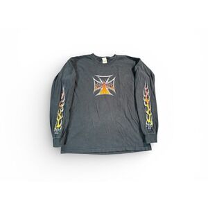 Vintage West Coast Choppers Shirt Men's Large Long Sleeve Black Cross Flames